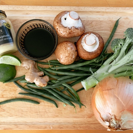 ingredients for Plant-Based Ginger Soy Sauce Glaze With Broccoli and Green Beans