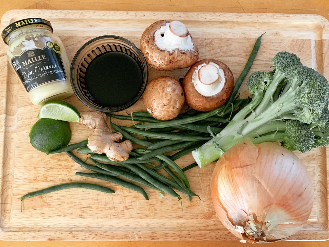 ingredients for Plant-Based Ginger Soy Sauce Glaze With Broccoli and Green Beans