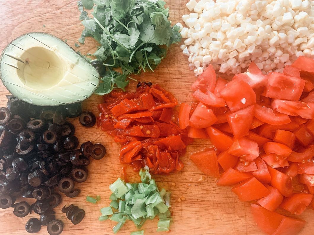 ingredients for plant-based southwest pasta salad